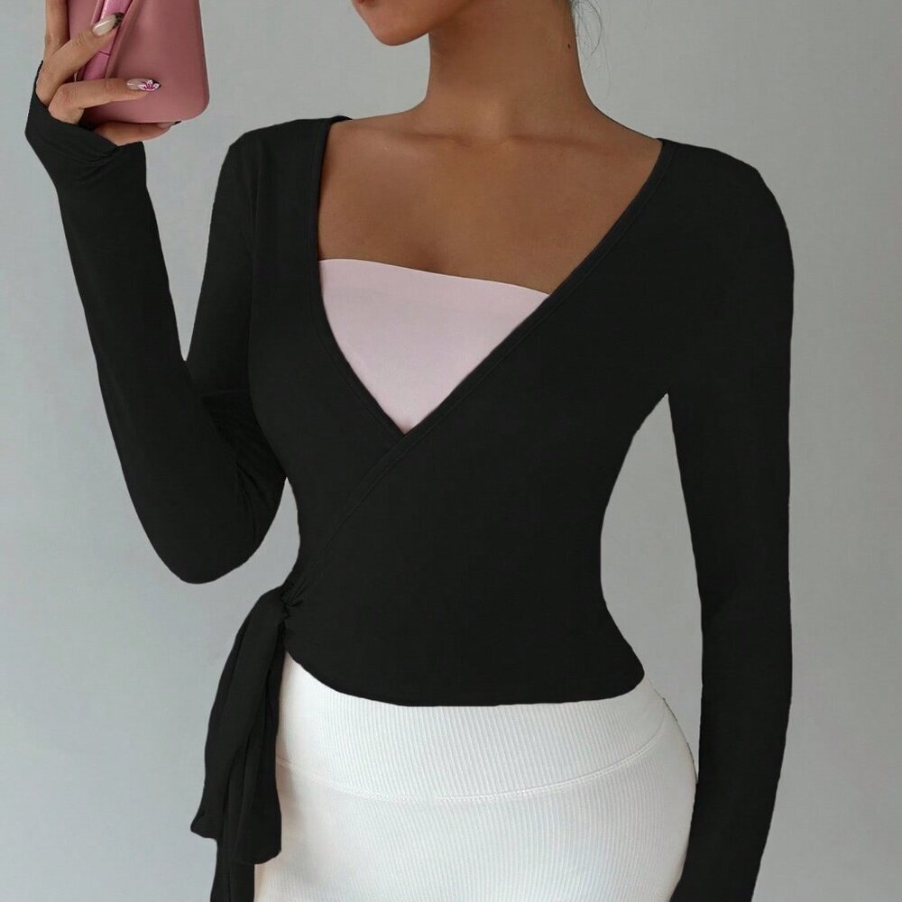 Black Casual Women's Yoga Tie-Up V-Neck Wrap Long Sleeve Cropped Tee - Picture 4 of 6